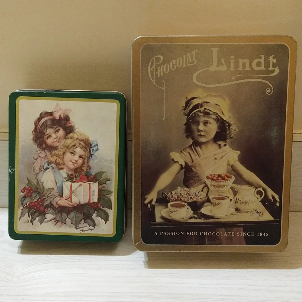 Vintage 2 RARE Chocolat Lindt & The Tinsmith's Craft Tin Storage Cans